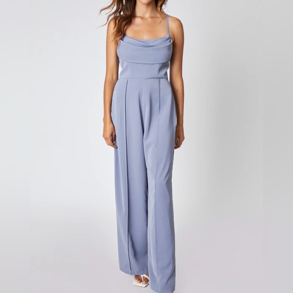 Sleeveless Cowl Neck Wide-Leg Jumpsuit in Dusty Blue